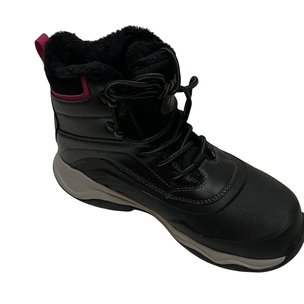 Khombu Womens Black Faux Fur Lined Winter Snow Boot Pink Accents Lace Up 8 NWT